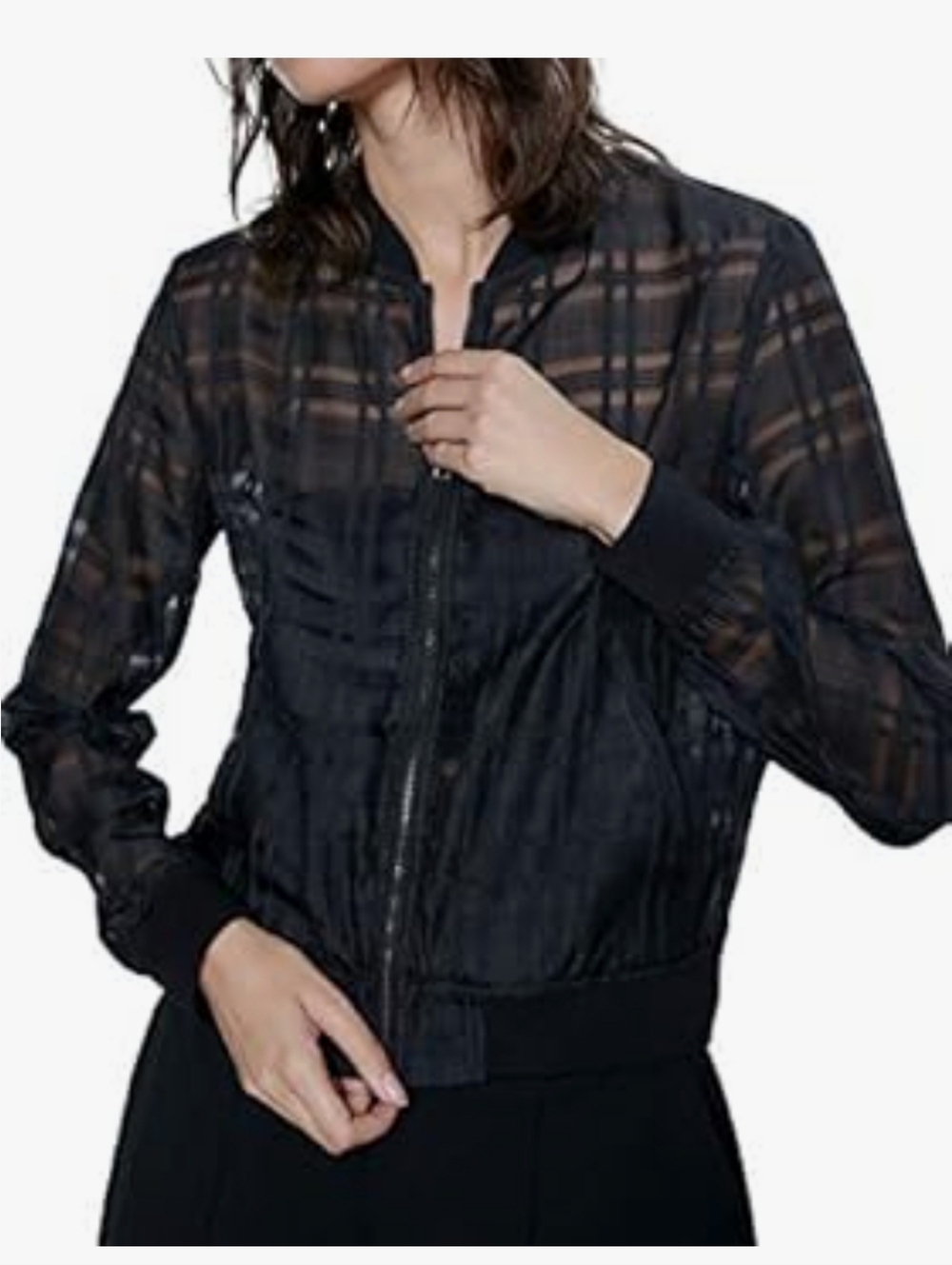 Sheer Zara Organza Black Plaid Bomber Jacket